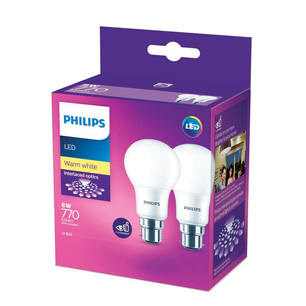 Philips LED Globe 8W BC Warm White - 2 Pack