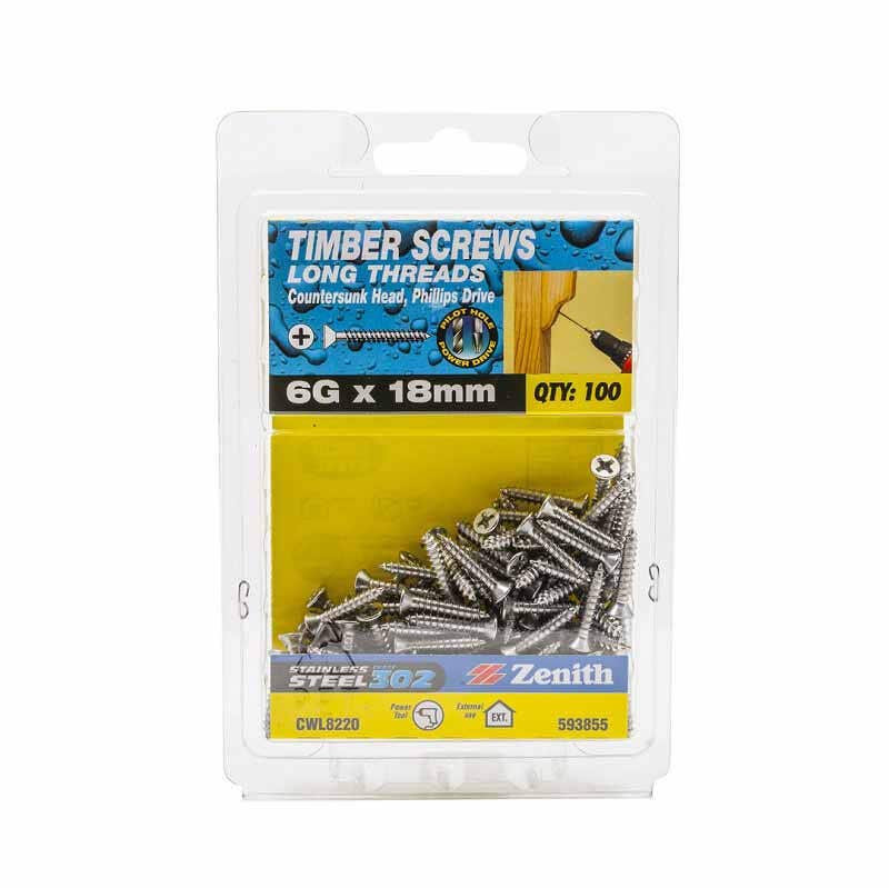 Zenith Timber Screws Countersunk Stainless Steel 6G x 18mm - 100 Pack