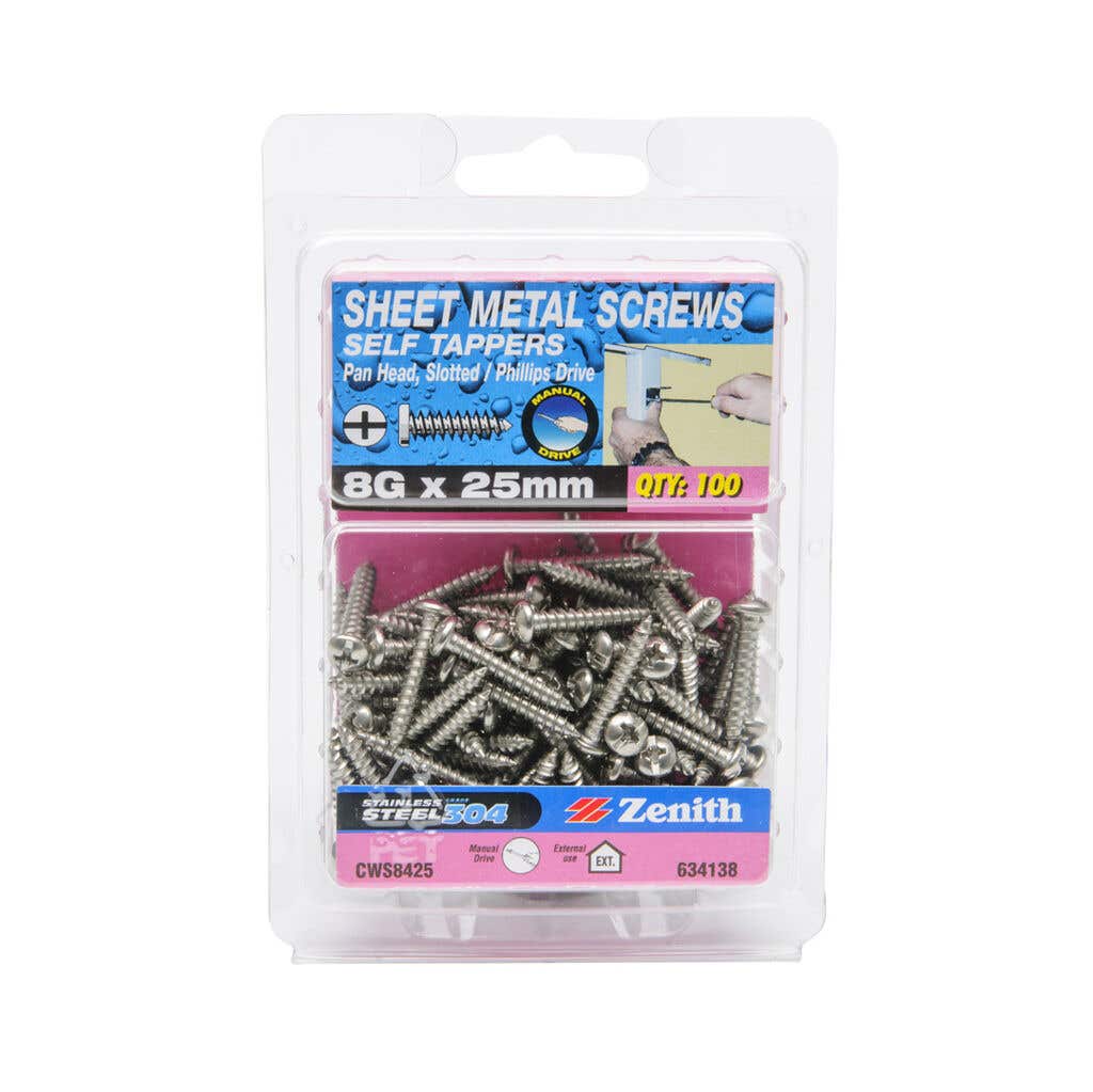 Zenith Self Tapping Screws Pan Head Stainless Steel 8G x 25mm - 100 Pack
