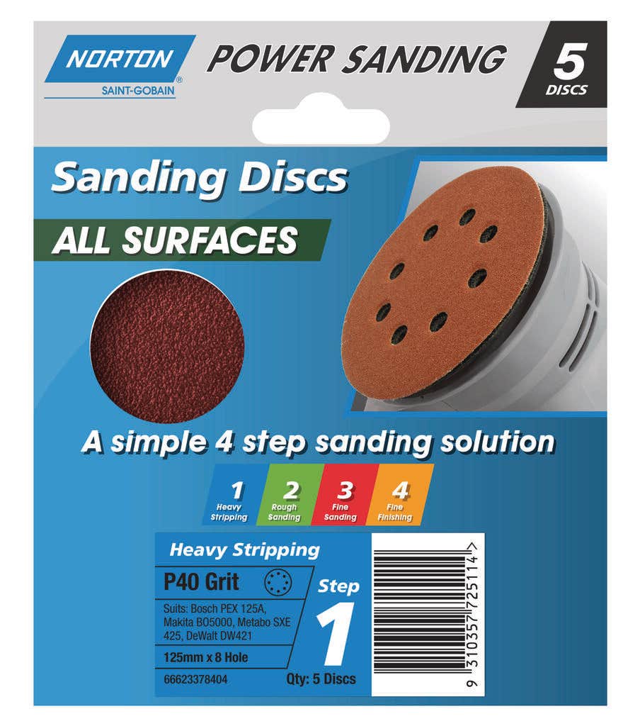 Norton Sanding Disc 125mm x 8H P40 Grit - 5 Pack