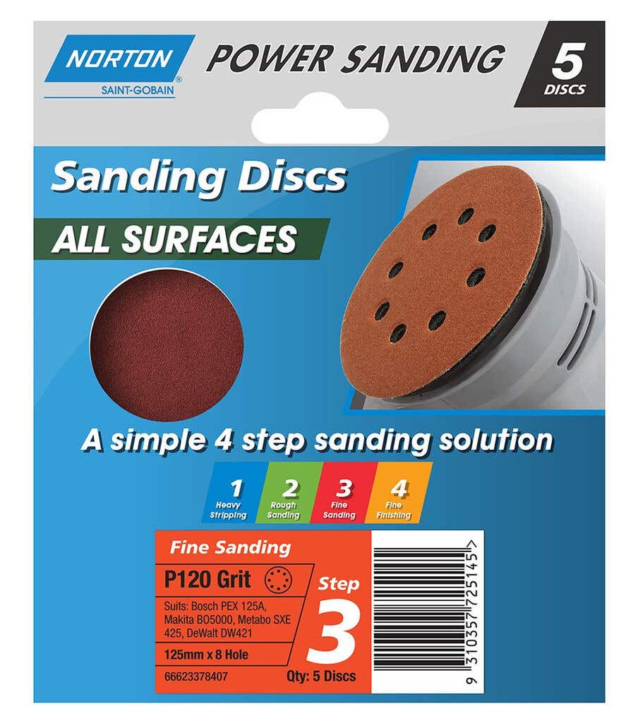 Norton Sanding Discs 125mm x 8H P120 Grit - 5 Pack