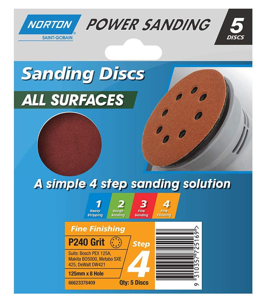 Norton Sanding Discs 125mm x 8H P240 Grit - 5 Pack