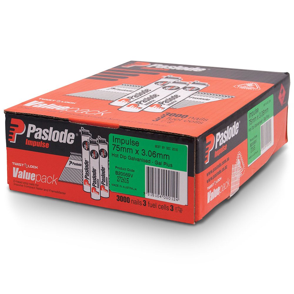 Paslode Impulse 75mm x 3.06mm Galvanised D Head Nails with Fuel - 3000 Pack