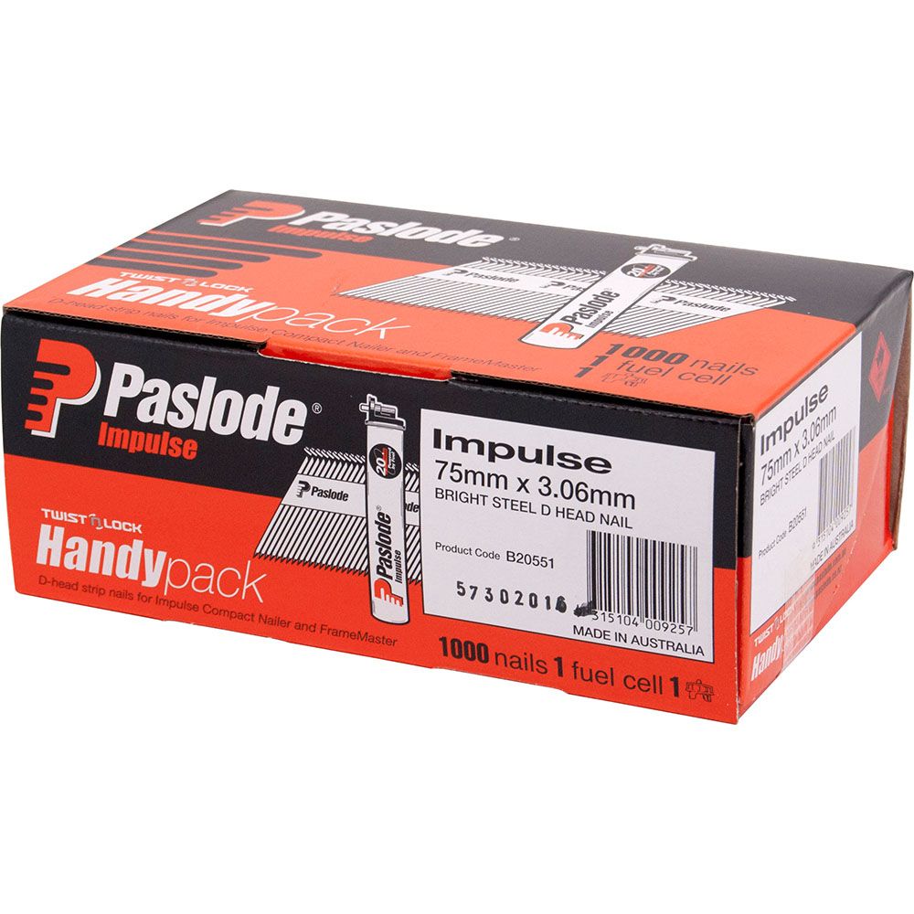 Paslode Impulse 75mm x 3.06mm Bright Impulse D Head Nails with Fuel - 1000 Pack