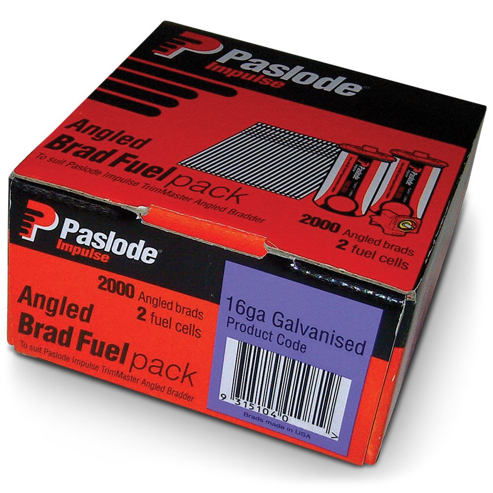 Paslode Impulse Trimmaster 38mm 16 Gauge Zinc Angled Brad C Series Nails with 2 Fuel Cells - 2000 Pack