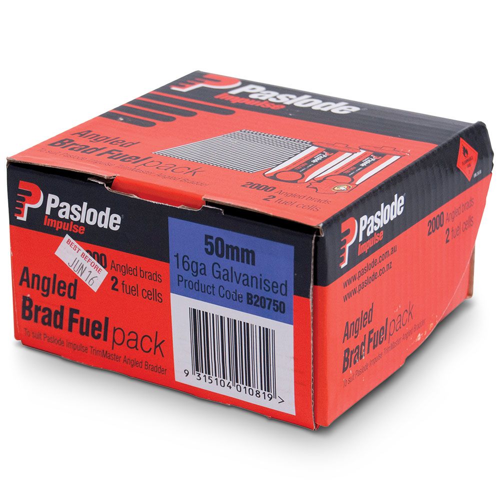 Paslode Impulse Trimmaster 50mm 16 Gauge Zinc Angled Brad C Series Impulse Nails with Fuel - 2000 Pack