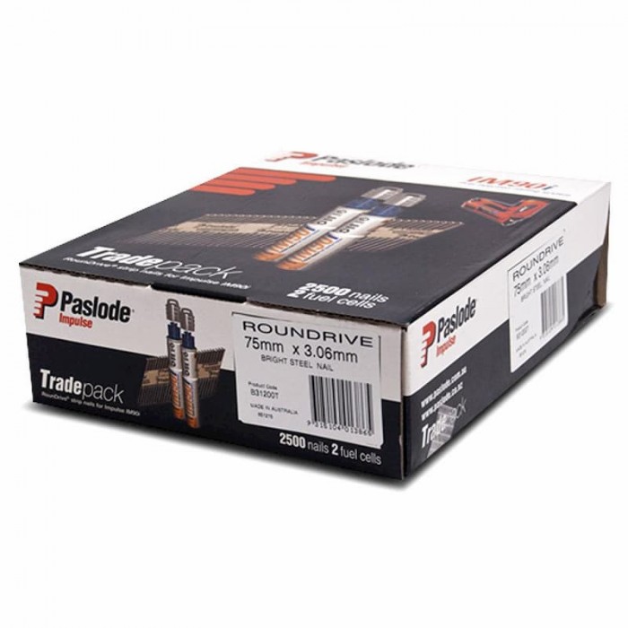 Paslode Impulse 75mm x 3.06mm Bright RounDrive Strip Nails with 2 Fuel Cells Set - 2500 Pack