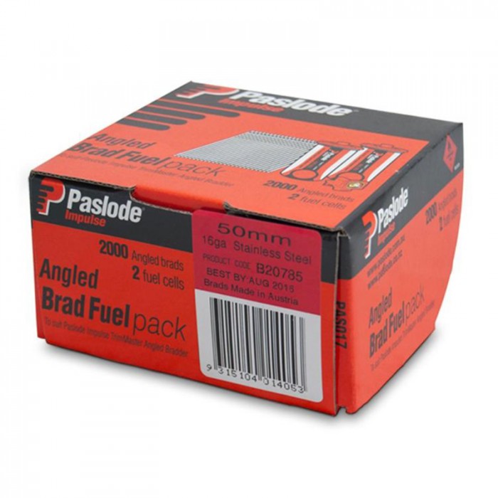 Paslode Impulse Trimmaster 50mm 16 Gauge Stainless Steel Angled Brad C Series Impulse Nails with Fuel - 2000 Pack