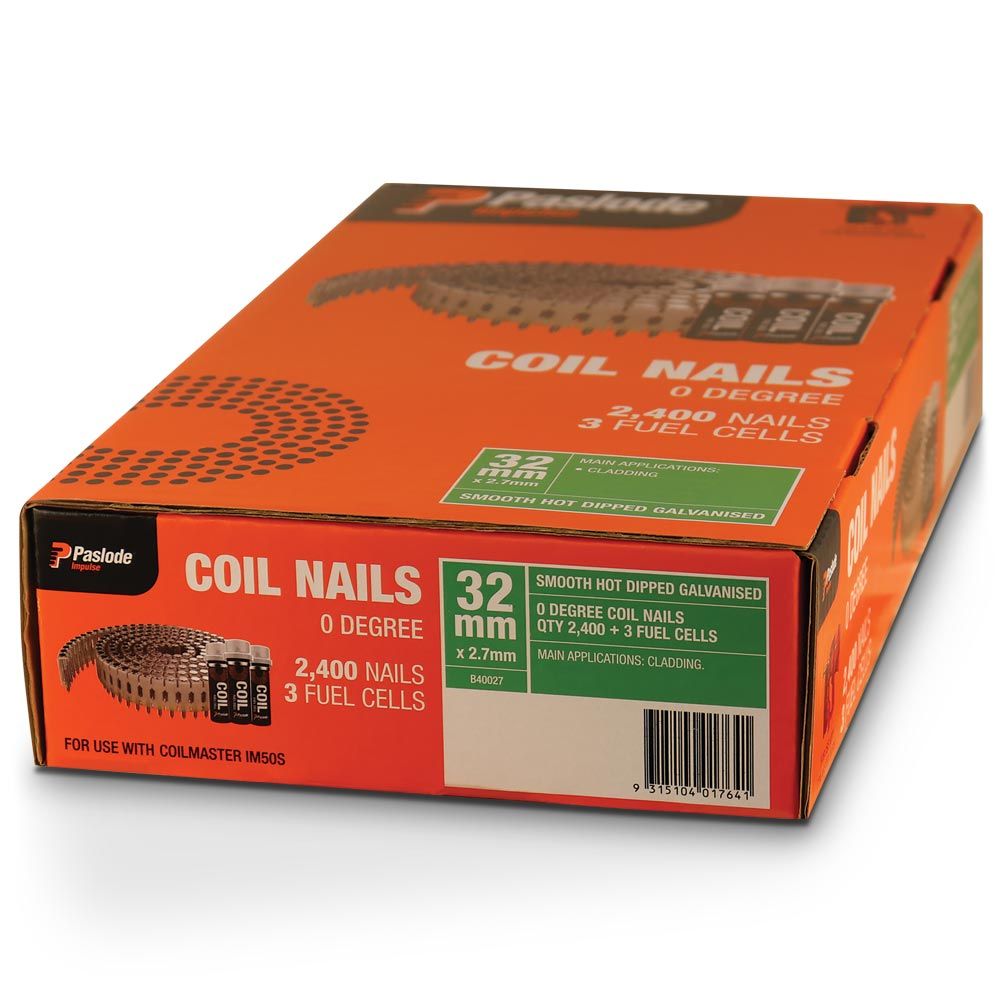 Paslode 32 X 2.7Mm HDG Coil Nails with 3 Fuel Cells - 2400 Pack