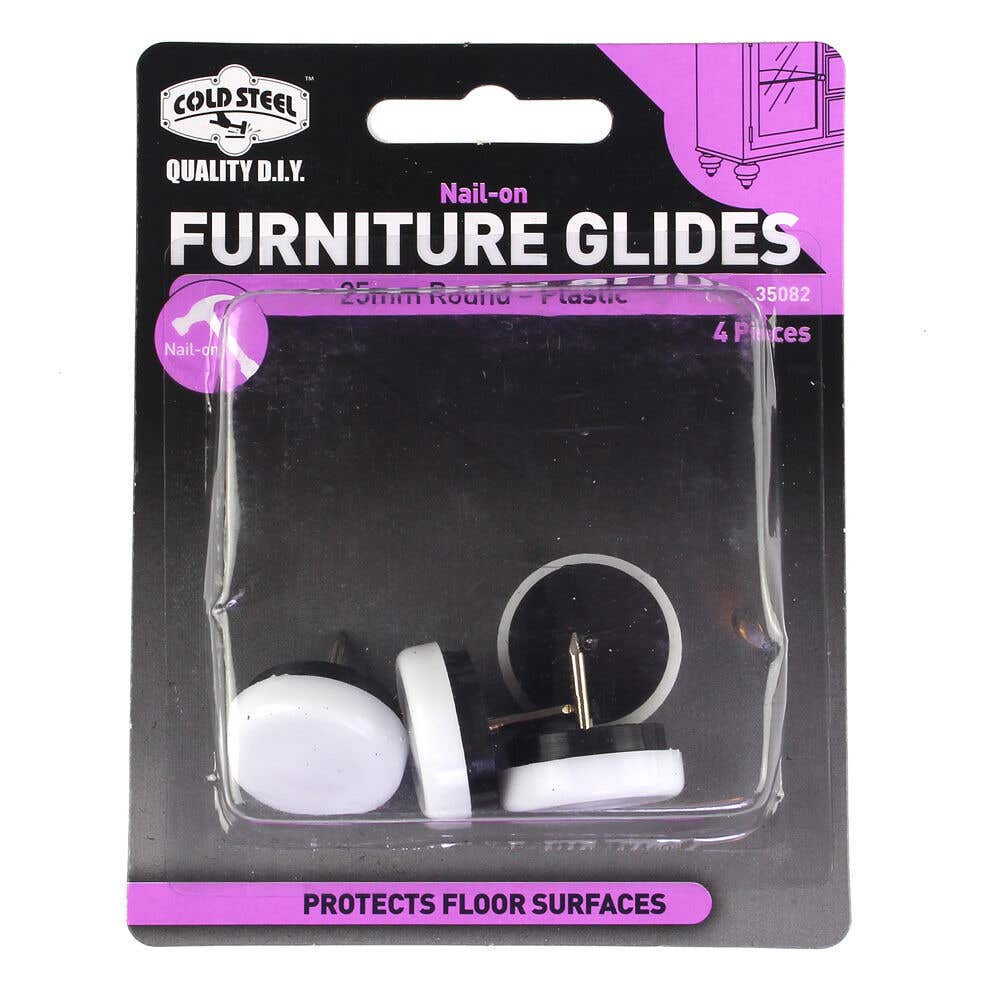 Cold Steel Furniture Glides White Plastic Nail-On 25mm - 4 Pack