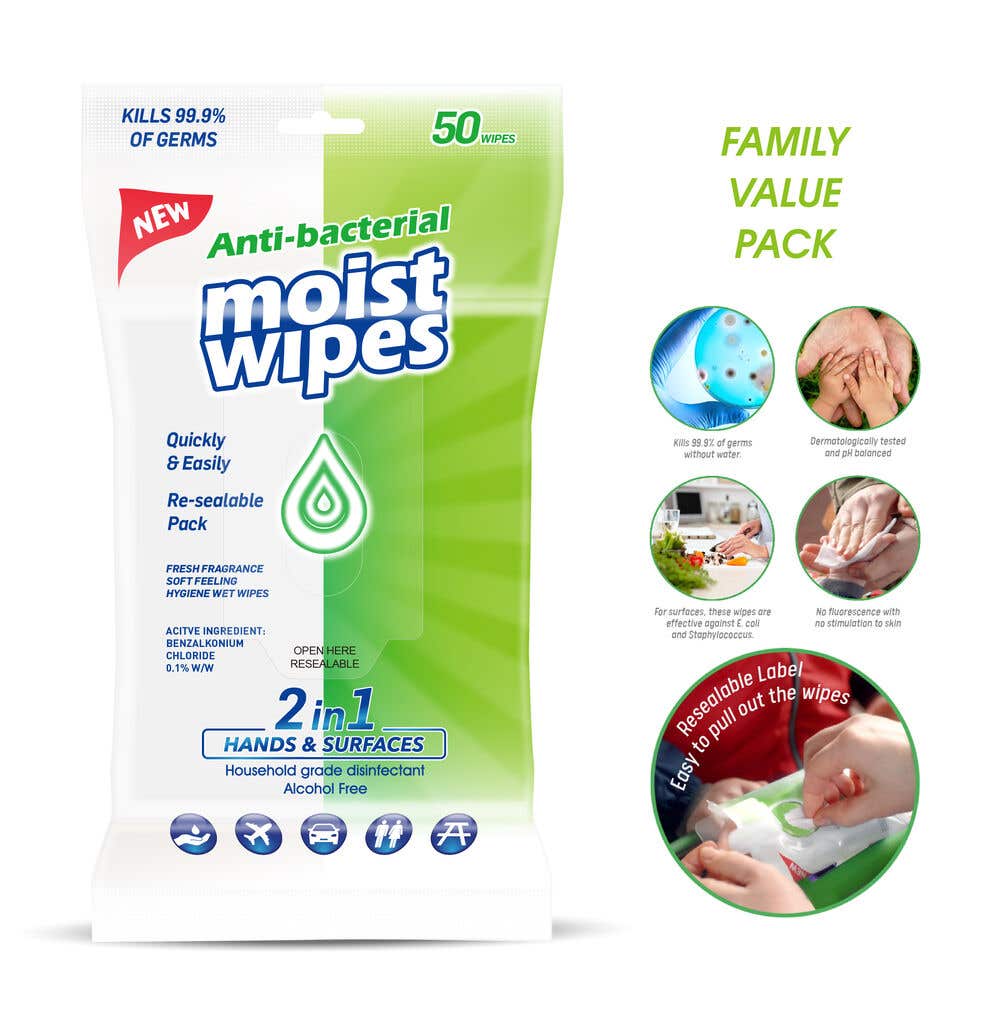 Antibacterial Wet Wipes 2 in 1 Hands and Surfaces - 50 Pack