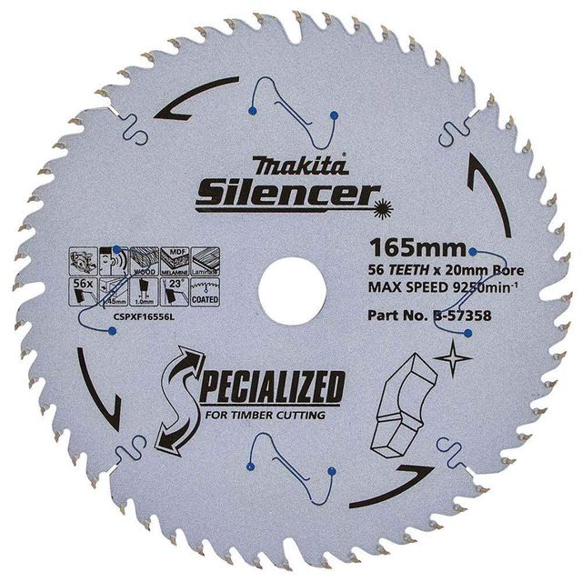 Makita 165mm 56T Tct Circular Saw Blade For Wood & Melamine Cutting - Plunge Saws - Specialized Silencer