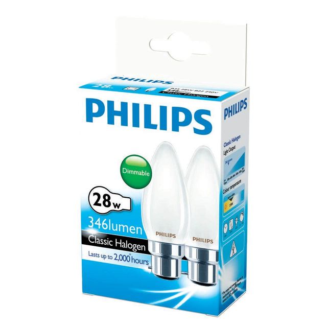 Philips Halogen Globe Candle 28W BC Frosted - 2 Pack