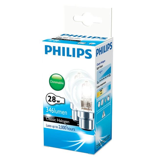 Philips Light Globe Eco Halogen Fancy Round Bc Clear 28W 2Pk