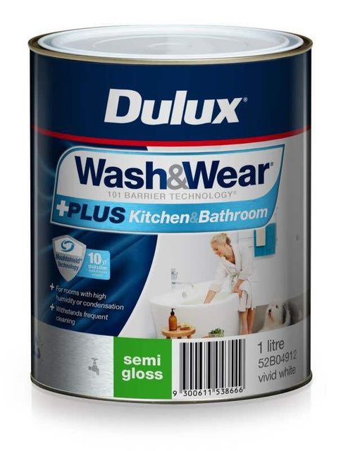 Dulux Wash & Wear +Plus Kitchen & Bathroom Semi Gloss Vivid White 1L