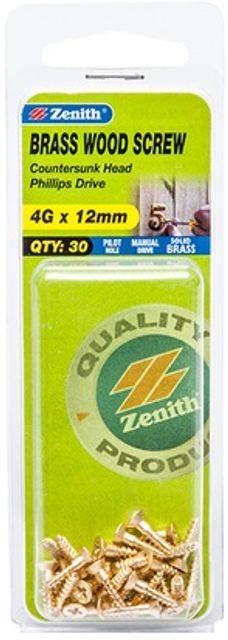 Zenith Countersunk Head Phillips Drive  Solid Brass  4Gx12 30 Pack