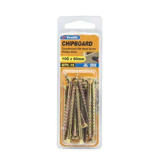 Zenith Countersunk Ribbed Head Phillips Drive Gold Passivated 10Gx60 15 Pack