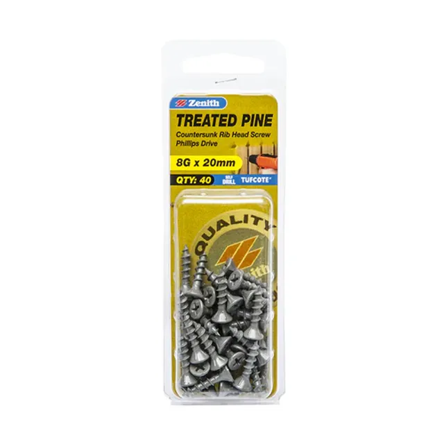 Zenith Countersunk Ribbed Head Phillips Drive Tufcote 8Gx20 40 Pack