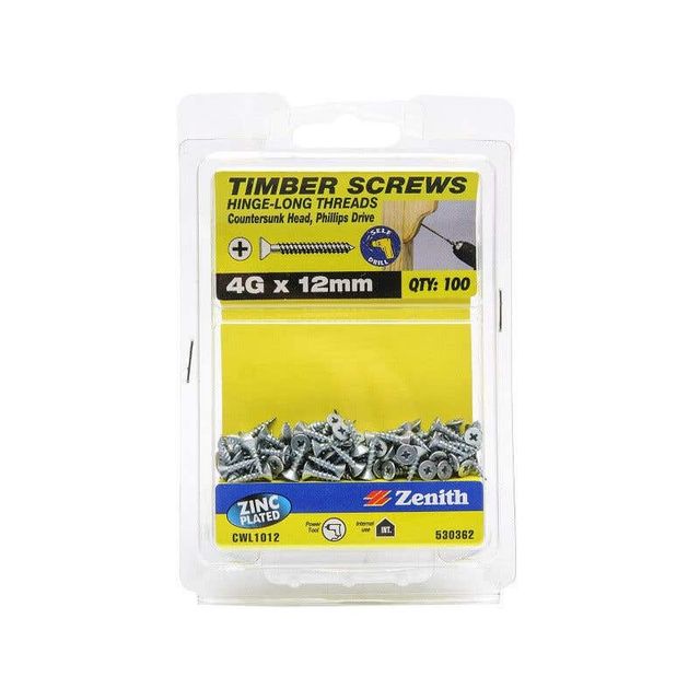 Zenith Timber Screws Countersunk Zinc Plated 4G x 12mm - 100 Pack