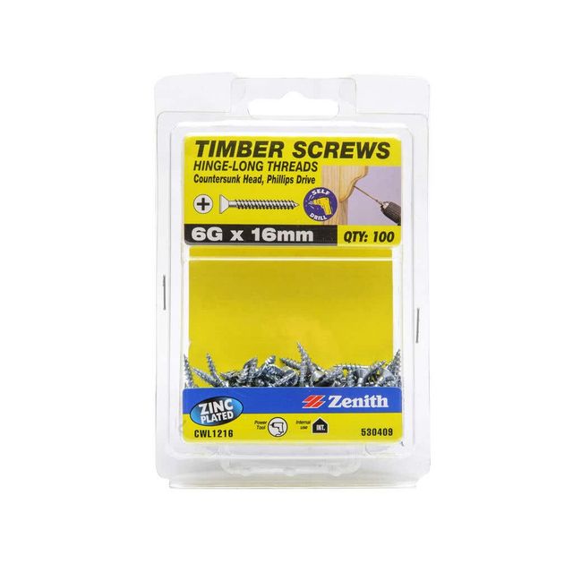 Zenith Timber Screws Long Thread Countersunk Zinc Plated 6G x 16mm - 100 Pack