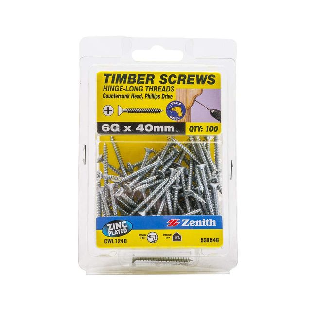 Zenith Timber Screws Countersunk Zinc Plated 6G x 40mm - 100 Pack
