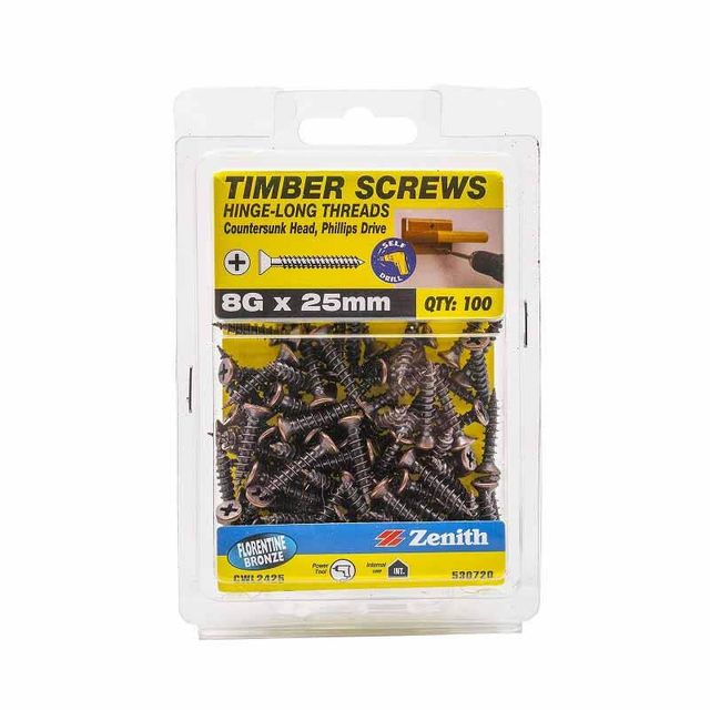 Zenith Timber Screws Long Thread Countersunk Florentine Bronze 8G x 25mm - 100 Pack
