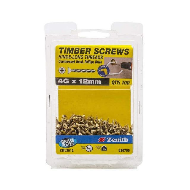 Zenith Timber Screws Countersunk Brass 4G x 12mm - 100 Pack