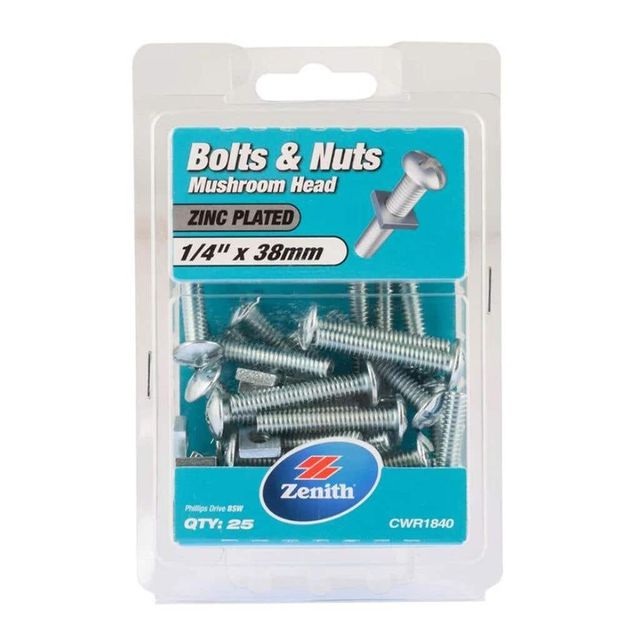 Zenith Bolts & Nuts Mushroom Zinc Plated 1/4" x 40mm - 25 Pack