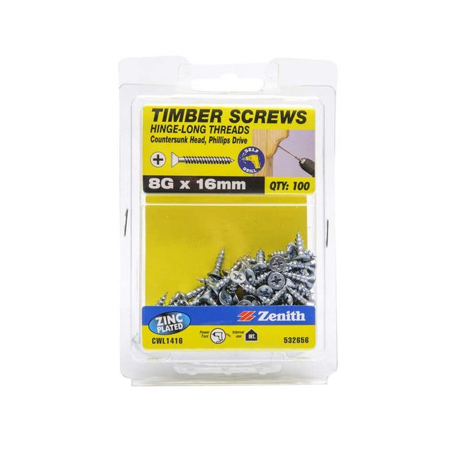 Zenith Timber Screws Long Thread Countersunk Zinc Plated 8G x 16mm - 100 Pack