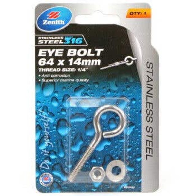Zenith Eye Bolt Stainless Steel 64 x 14mm 1/4" - 1 Pack