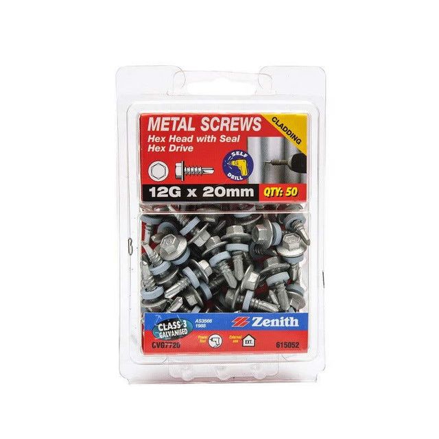 Zenith Metal Screws Hex Head with Seal Galvanised 12G x 20mm - 50 Pack
