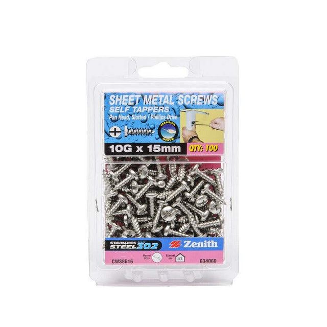 Zenith Self Tapping Screws Pan Head Stainless Steel 10G x 15mm - 100 Pack