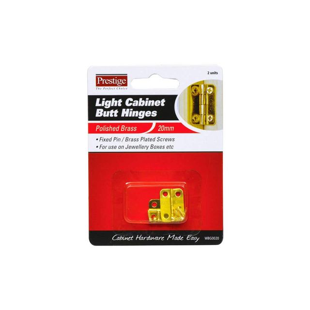 Prestige Light Cabinet Butt Hinges Polished Brass 20mm - 2 Pack