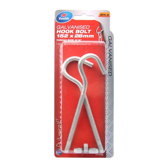 Zenith Hook Bolt Galvanised 152 x 28mm - 2 Pack