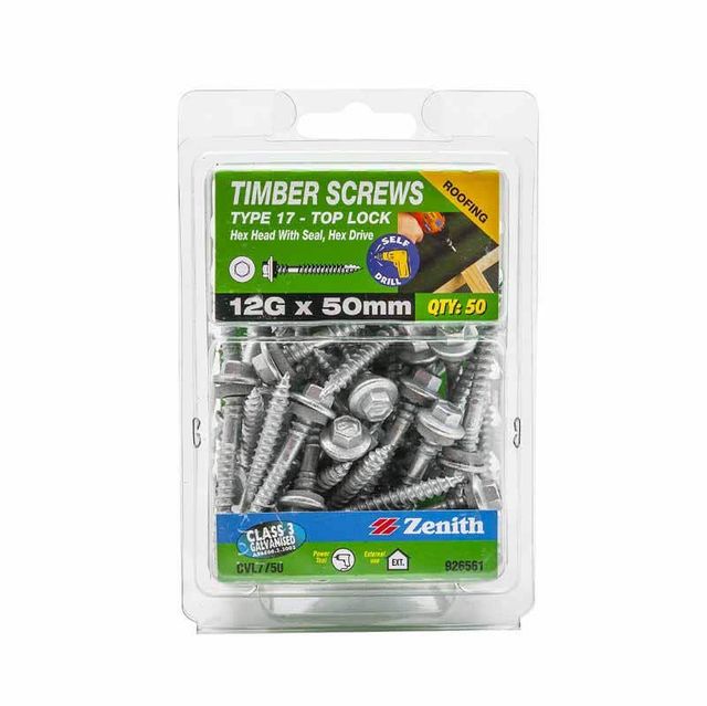 Zenith Timber Screws Hex Top Lock Galvanised 12G x 50mm - 50 Pack