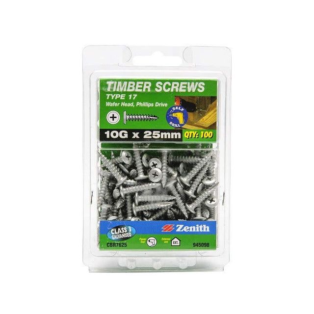 Zenith Timber Screws Wafer Galvanised 10G x 25mm - 100 Pack