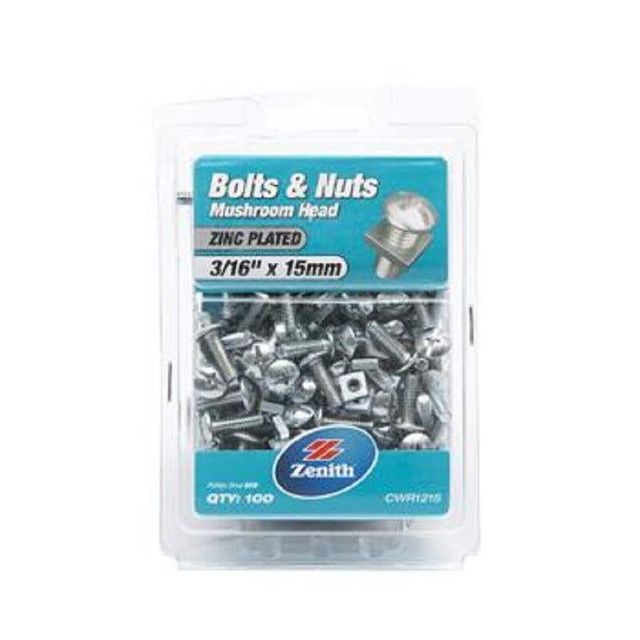 Zenith Bolts & Nuts Mushroom Zinc Plated 3/16" x 15mm - 100 Pack