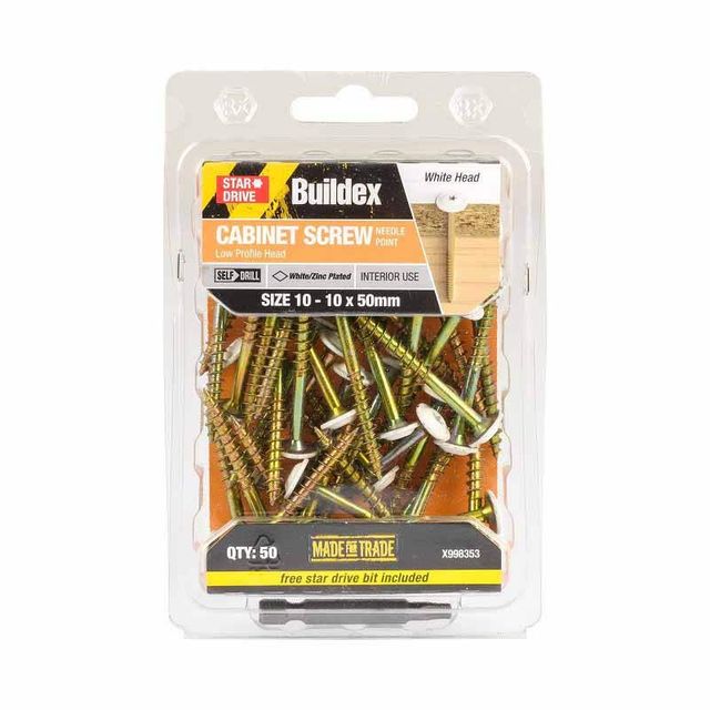 Buildex® Cabinet Screw White Zinc Plated 10 - 10 x 50mm - 50 Pack
