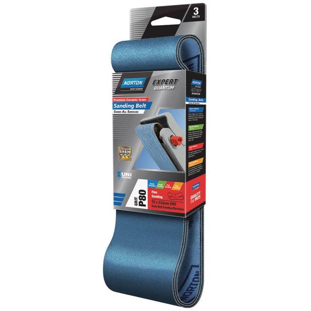 Norton Sanding Belt 75 x 533mm P80 Grit - 3 Pk