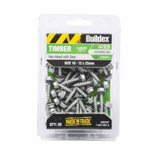Buildex® Cladding Screws T17 Hex Head with Seal 10 - 12 x 25mm - 50 Pack