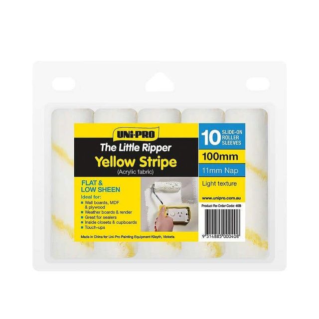 Uni-Pro Little Ripper Yellow Stripe Fabric Roller Cover 100mm 11mm Nap - 10 Pack