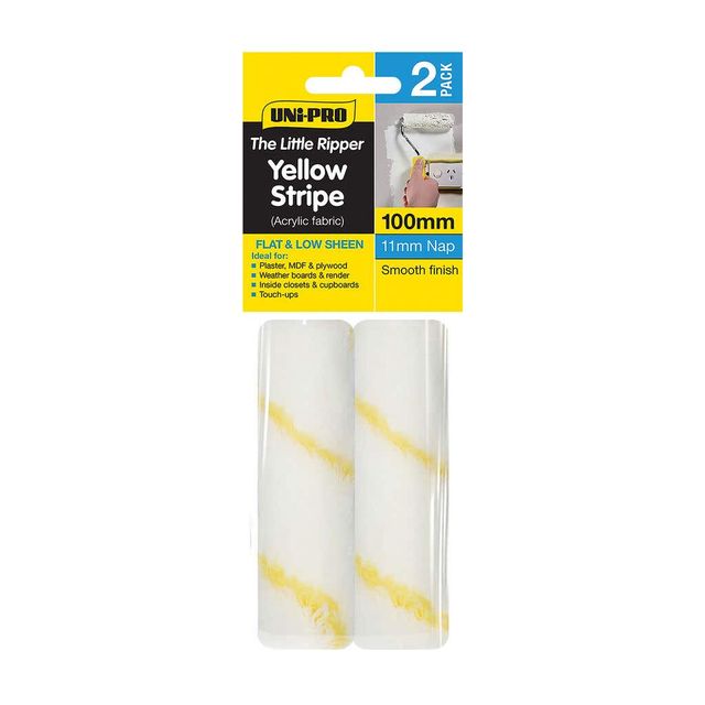 Uni-Pro Little Ripper Yellow Stripe Fabric Roller Cover 100mm with 11mm Nap - 2 Pack