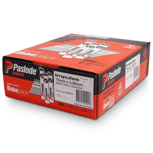 Paslode Impulse 75mm x 3.06mm Bright Impulse Head Nails with Fuel B20547V - 3000 Pack
