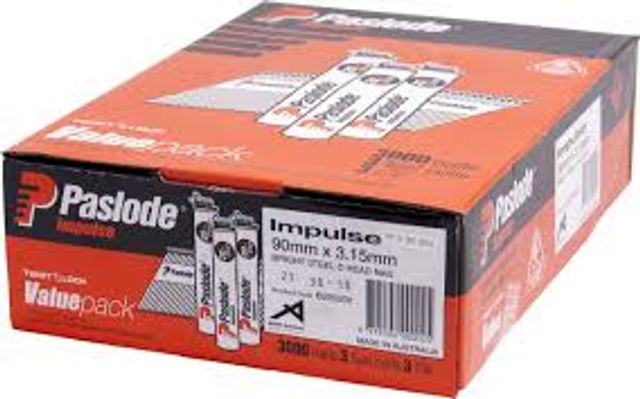 Paslode Impulse 90mm x 3.15mm Bright Impulse D Head Nails with Fuel - 3000 Pack