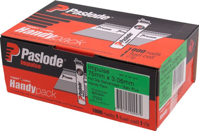 Paslode Impulse 75mm x 3.06mm Galv Nails with fuel cell - 1000 Pack