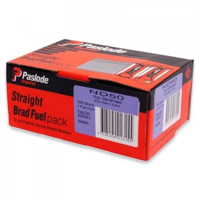 Paslode Impulse 50mm 14 Gauge ND Series Galvanised Brad Nails with Fuel B20643 - 2000 Pack