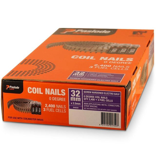 Paslode 32 X 2.5MM SHEG IMPULSE COILMASTER NAILS SUITS COIL MASTER IM50S B40020 with 3 Fuel Cells - 2400 Pack