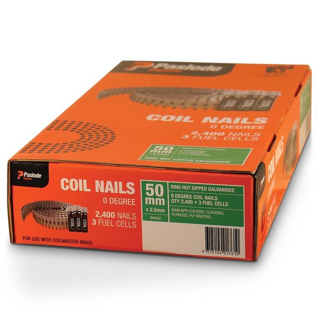 Paslode 50 X 2.5MM HDG COIL NAILS B40022 with 3 Fuel Cells - 2400 Pack