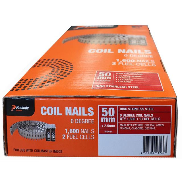 Paslode 50 X 2.5MM STAINLESS STEEL COIL NAILS B40024 with 2 Fuel Cells - 1600 Pack