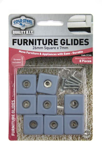 Cold Steel Square Furniture Glides Grey 26 x 26mm - 8 Pack
